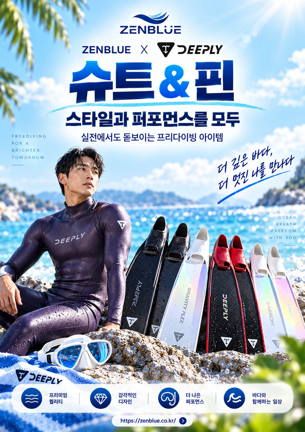 젠블루 디플리 슈트와 핀 프리다이빙 컬렉션