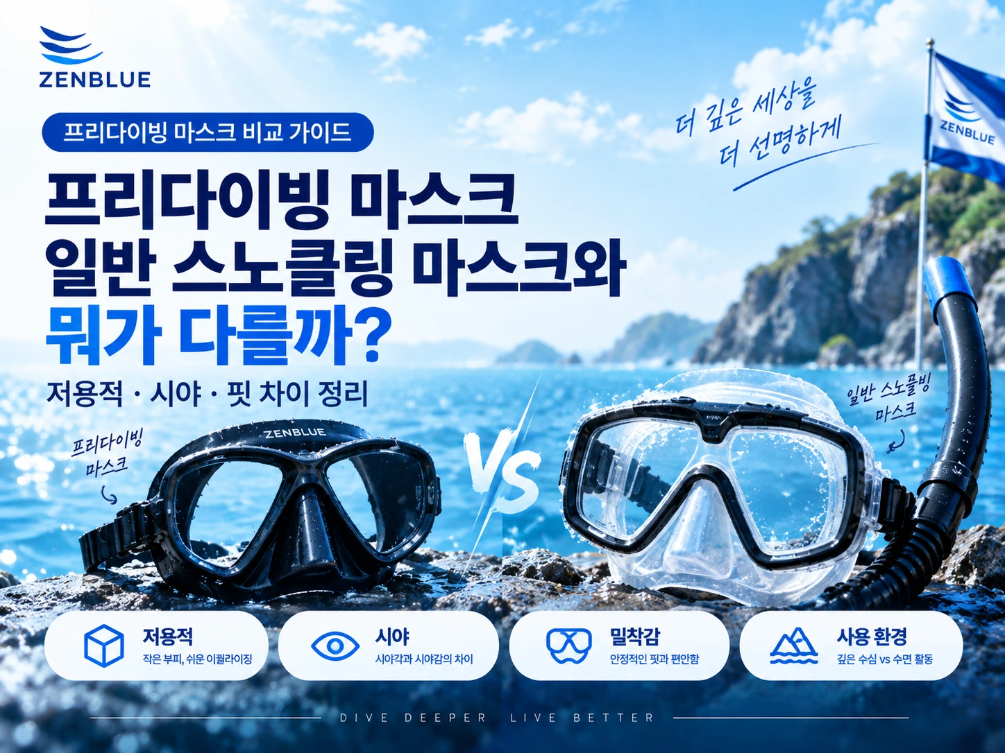 프리다이빙 마스크와 일반 스노클링 마스크는 무엇이 다를까? 핵심 가이드 이미지