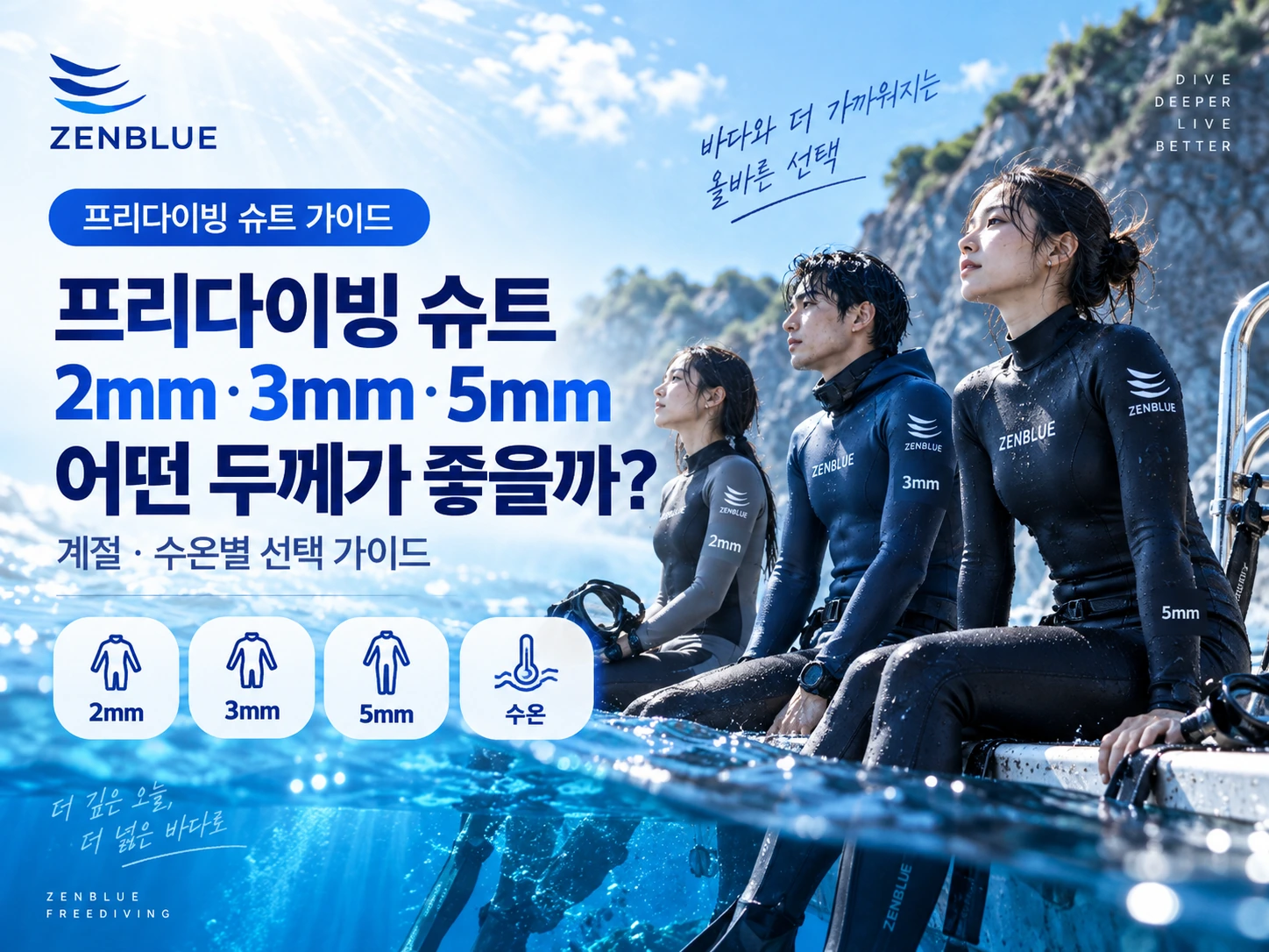 프리다이빙 슈트는 2mm·3mm·5mm 중 어떤 두께가 좋을까? 핵심 가이드 이미지