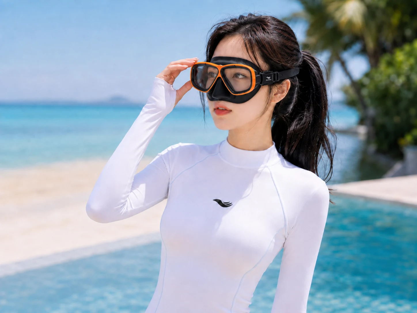 오렌지 포인트 젠블루 어드벤스 메탈 다이빙 마스크를 착용한 모습