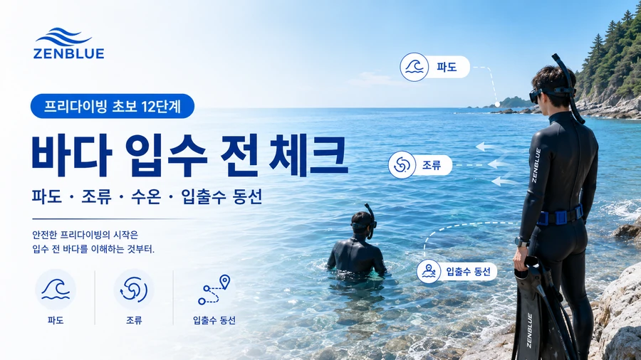 프리다이빙 초보 12단계, 바다 입수 전 체크 | 파도·조류·수온·시야·입출수 동선