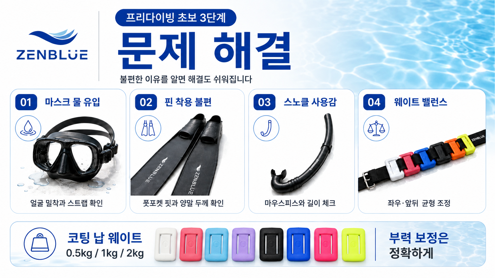 젠블루 프리다이빙 문제 해결 지원 이미지 마스크 물 유입 핀 스노클 웨이트 밸런스