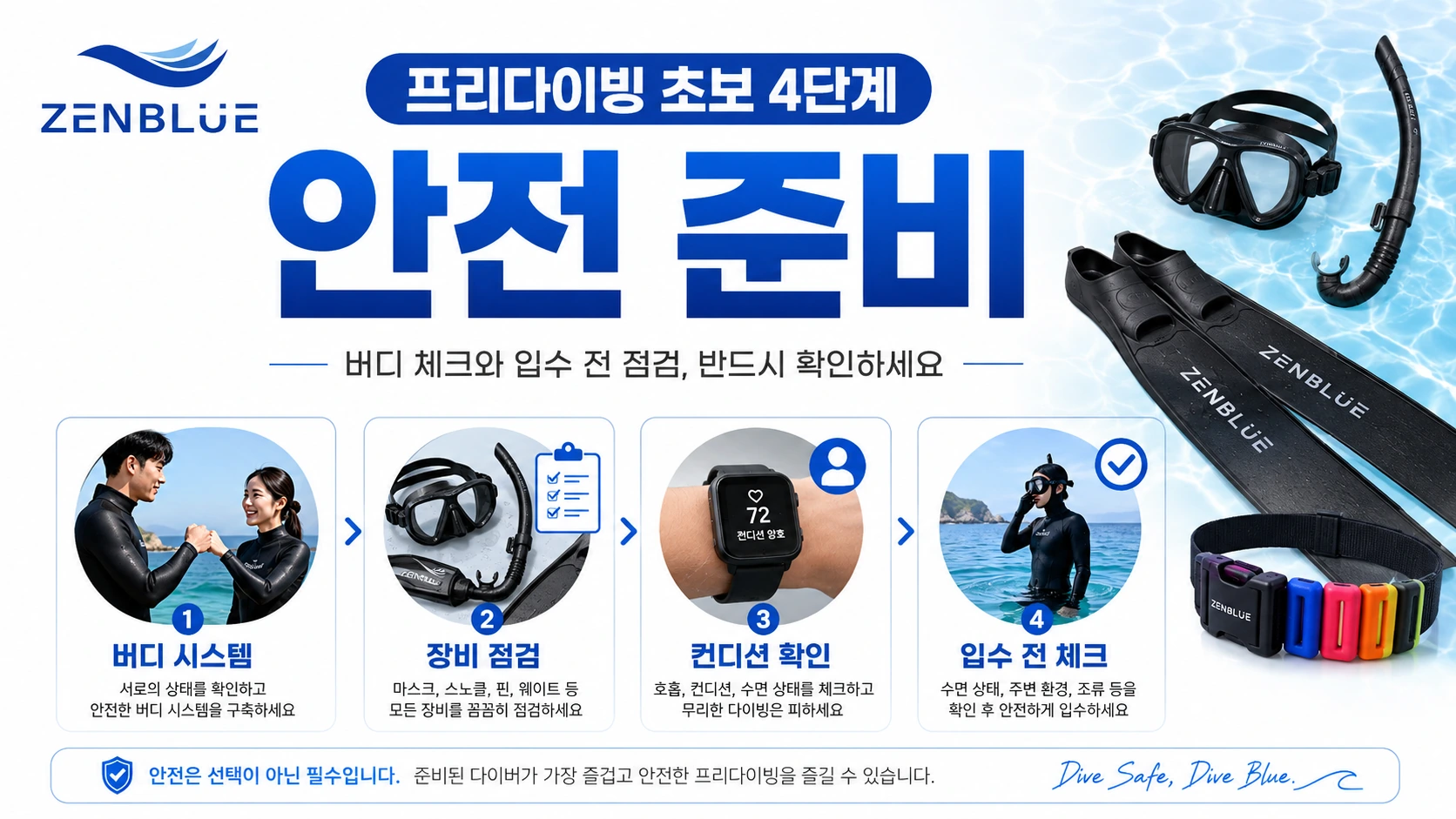 프리다이빙 초보 4단계 안전 준비 버디 체크 장비 점검 컨디션 확인 입수 전 체크