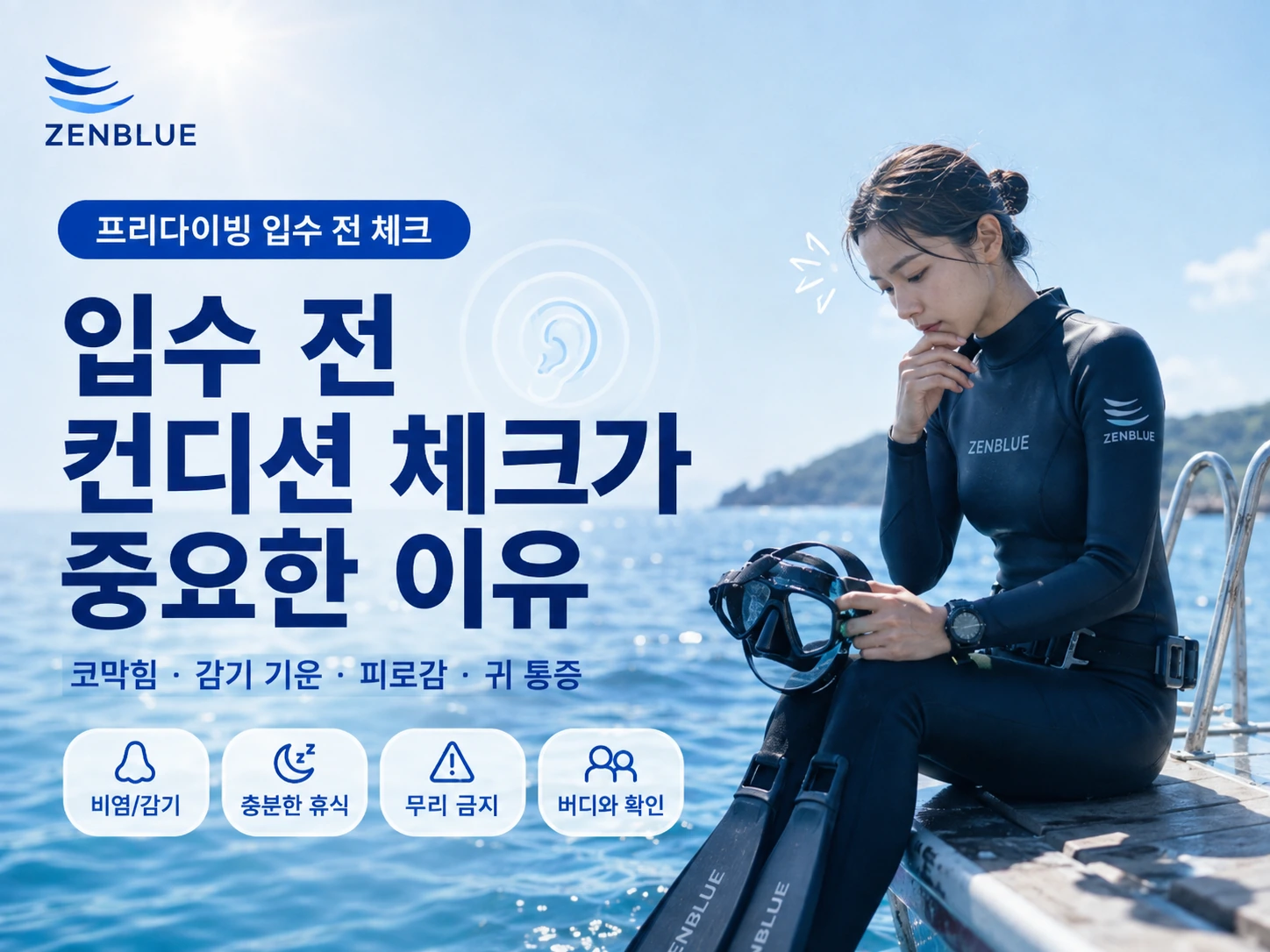 입수 전 코와 귀 컨디션을 확인하는 프리다이버