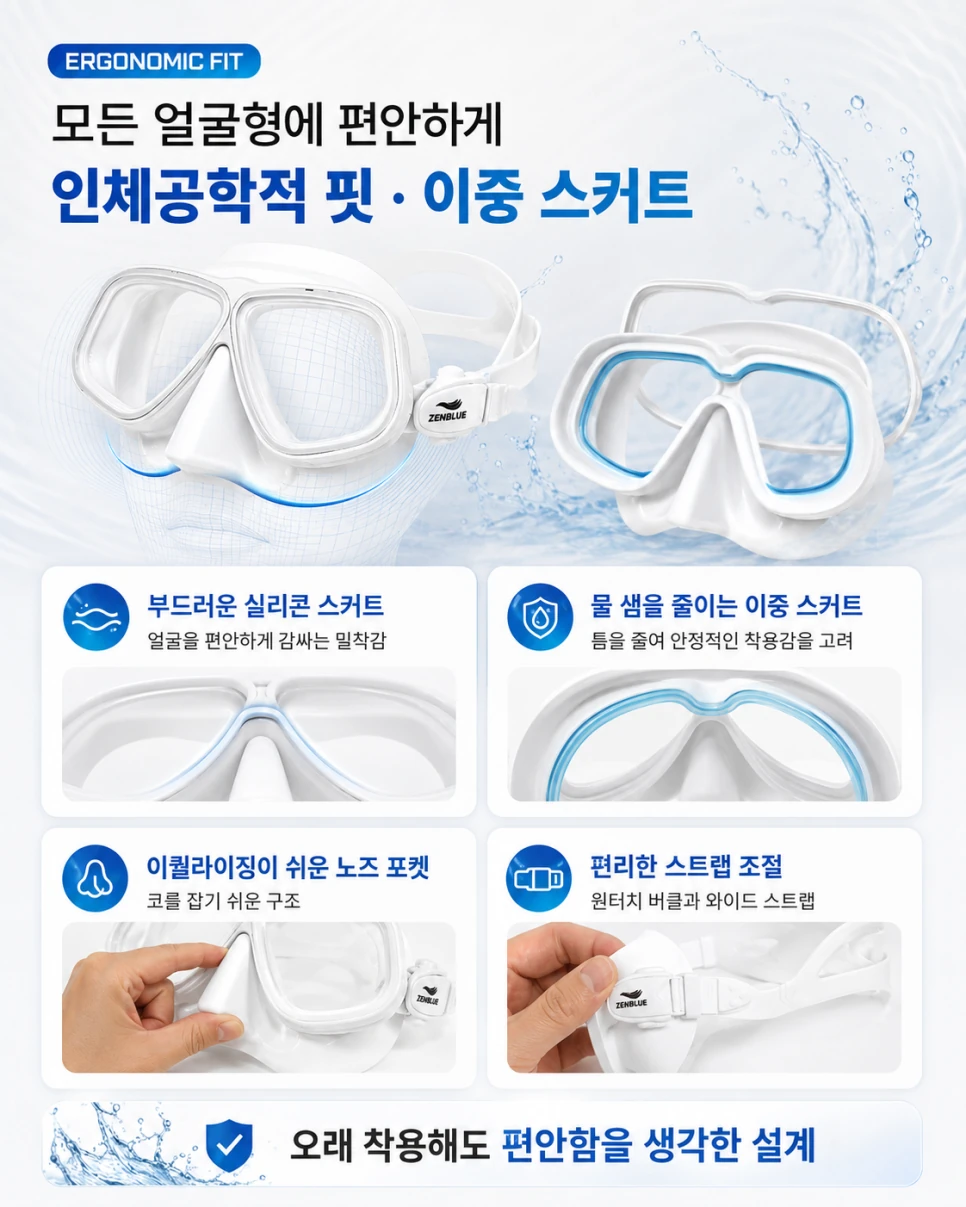 부드러운 실리콘 이중 스커트와 노즈 포켓, 원터치 버클을 보여주는 다이빙 마스크 구조